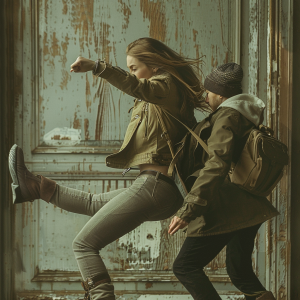Gutsy Traveler: Two people dressed in outdoor clothing appear to be engaged in a dynamic action scene in front of a weathered door, with one person kicking and the other moving closely behind them, demonstrating essential safety tips for such scenarios.