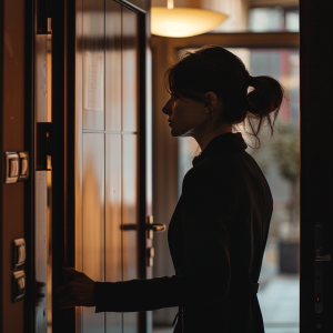 Gutsy Traveler: A woman with her hair in a ponytail stands in a doorway, holding the door handle, with warm indoor lighting illuminating the scene, offering a comforting reminder of safety tips before you go on the road.