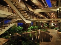 The award-winning architecture includes a Koi pond, gardens and open air passageways within the hotel. 