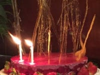 A raspberry charlotte mouse dessert served with flaming candles to celebrate our anniversary. 