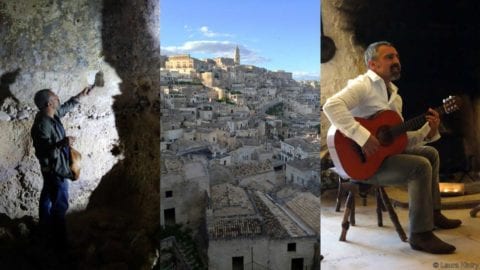 The artist within Left: Tonio Creanza points out an ancient fresco; centre: a view of Matera; right: Creanza serenades the group. (Laura Kiniry)