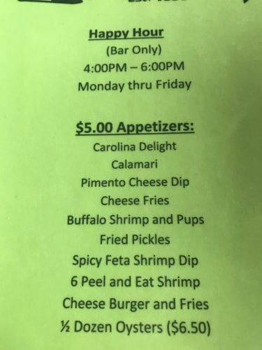 Charleston, menu for happy hour