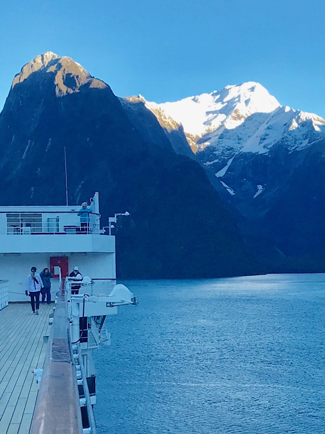 cruise ship and snow mountains in New Zealand