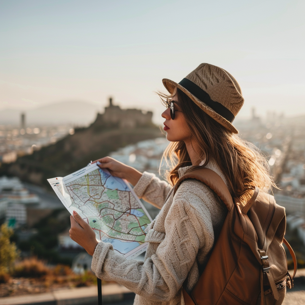 Gutsy Traveler: A woman wearing a hat and sunglasses holds a map, standing on an elevated location overlooking a cityscape with a distant historical building, reminiscent of travel stories shared in a Cosmo interview.