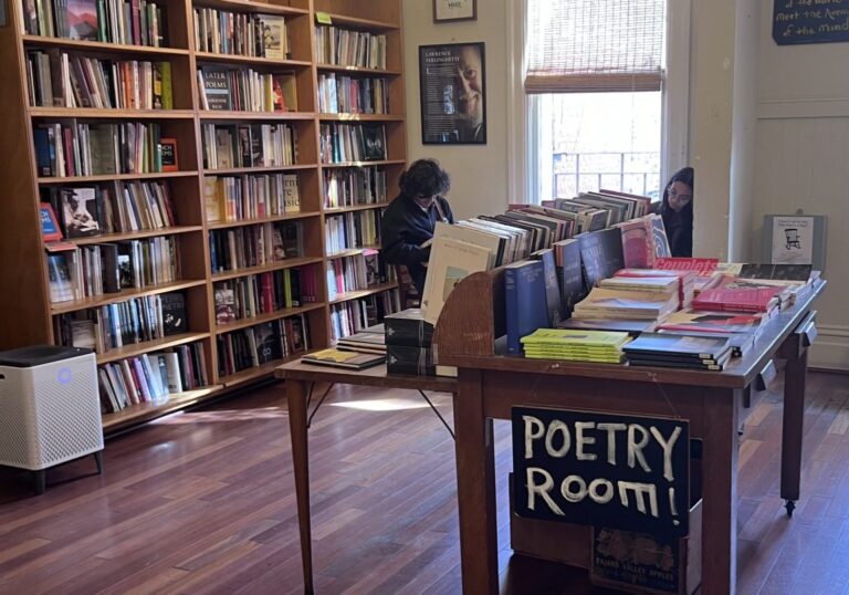 Gutsy Traveler: A cozy room in a San Francisco bookstore, lined with bookshelves brimming with poetry volumes, features a central table stacked high with more literary treasures and a sign proudly announcing "Poetry Room." Near the window, two people are engrossed in their reading.