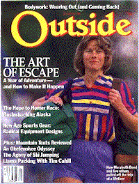 Gutsy Traveler: Magazine cover featuring a person in outdoor gear. Headline reads "The Art of Escape" with subheadings about adventure, sports gear, and mountain hikes. Written by a renowned National Geographic author, the magazine is titled "Outside.