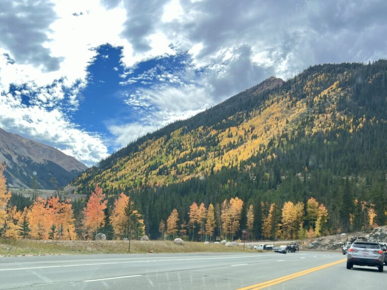 Gutsy Traveler: Cars drive along a road in Grand County, Colorado, where autumn trees line the path and a mountain covered in colorful foliage rises under a partly cloudy sky. It's an ideal setting for exploring fall colors and witnessing elk rutting adventures.