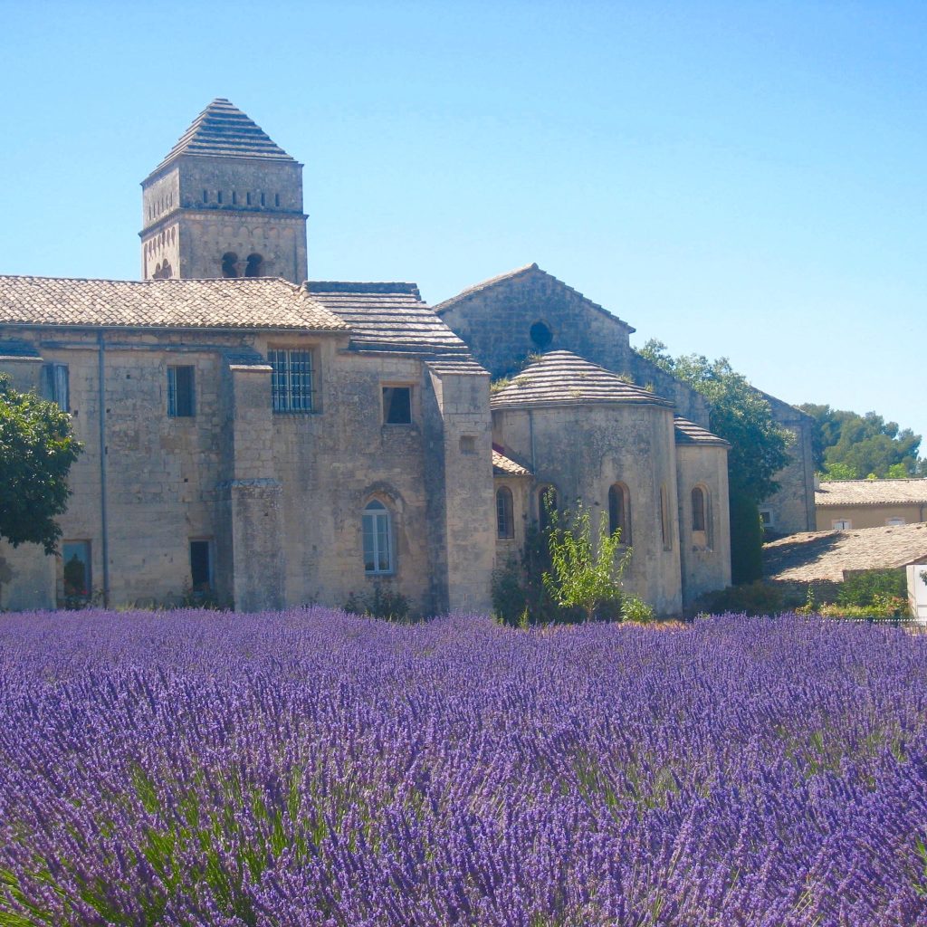 Gutsy Traveler: In a serene rural setting, a stone building sits amid a vibrant field of blooming lavender under the clear blue sky—a picturesque scene reminiscent of landscapes you'd enjoy on a France river cruise for travelers 50+.