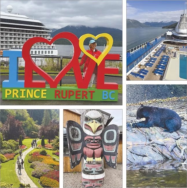 Gutsy Traveler: A collage of Prince Rupert, British Columbia: a woman posing in an “I love Prince Rupert” sign, a cruise ship deck, a flower garden path, a wooden totem pole, and an Alaska bear on a rocky shoreline.