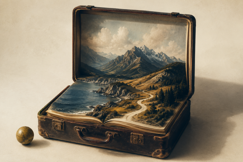 Gutsy Traveler: An open vintage suitcase containing a book with an illustration of Bhutan, featuring a mountainous coastal landscape and a small globe resting beside it.
